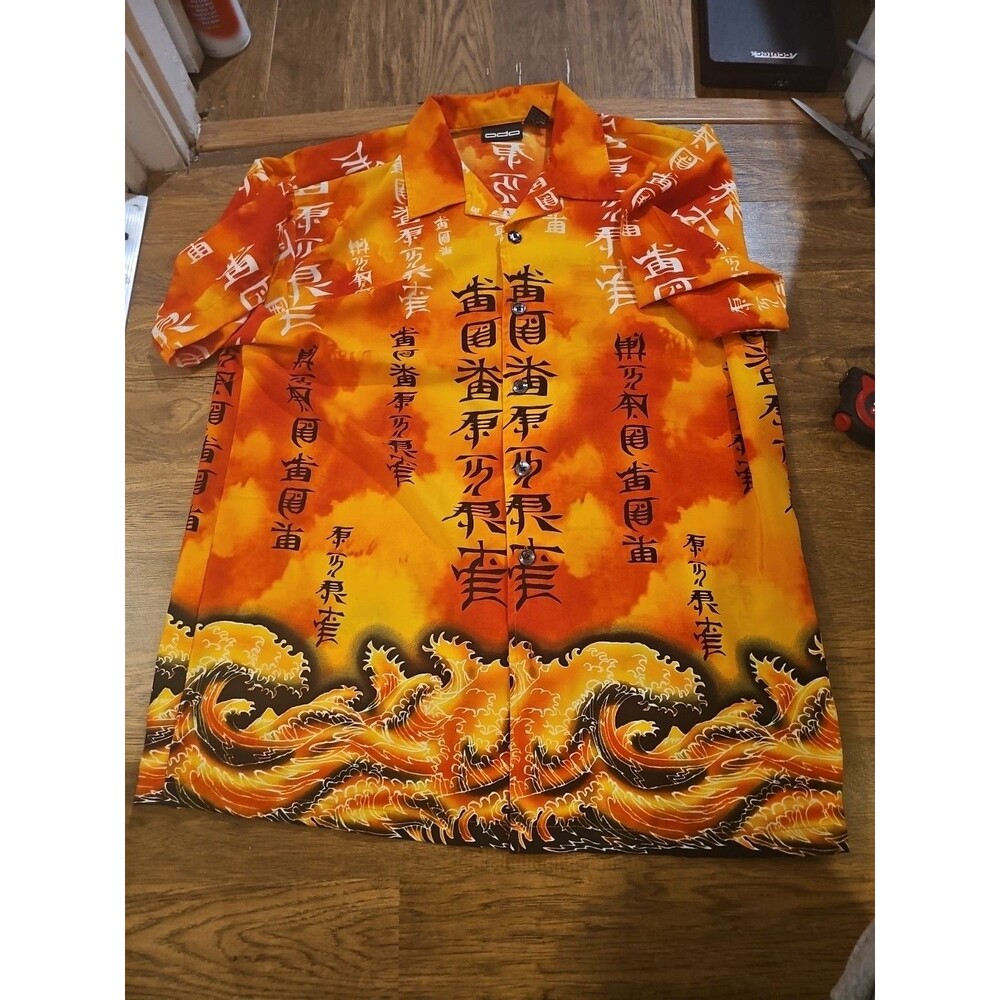 Vintage ODO Y2K Orange Waves Kanji Writing Button Up AOP Mens Large Shirt